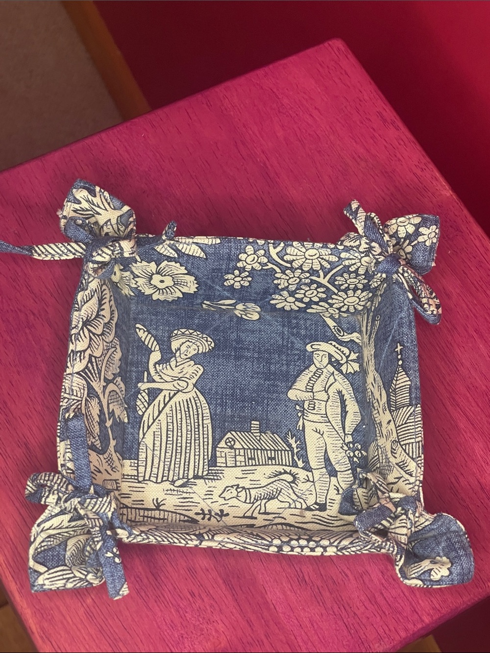 Vintage Pierre Deux Blue Toile Fabric Catchall Tray La Declaration pattern